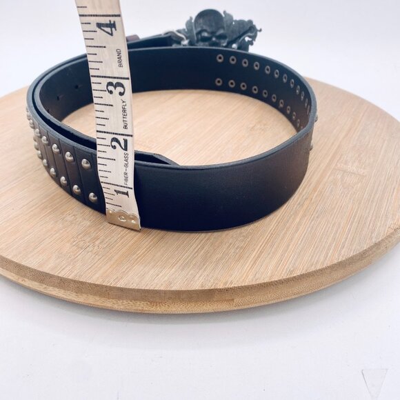 Jeans Friends Belt Womens S Black Full Grain Leather Silver Skull Buckle Pirate - Picture 7 of 10